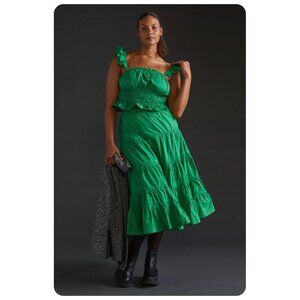 Anthropologie Maeve Green Tiered Taffeta Maxi Skirt sz US 14